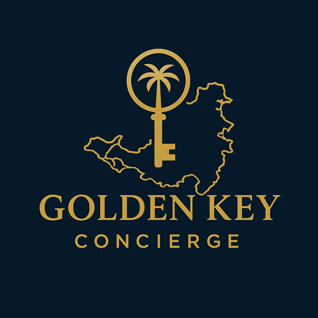 Golden Key Concierge logo: a golden key with a palm frond over the outline of St. Maarten